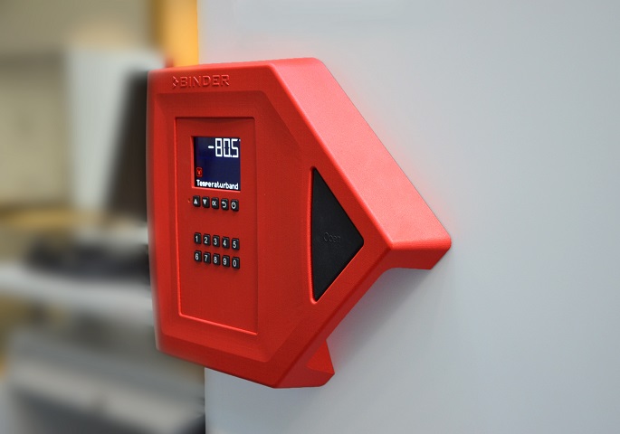 Controller on a BINDER ultra low temperature freezer door. The display shows a temperature setting of -80 degrees Celsius.