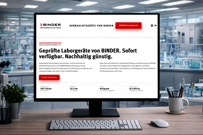 PC im Labor zeigt BINDER Gebrauchtgeräteportal auf dem Bildschirm