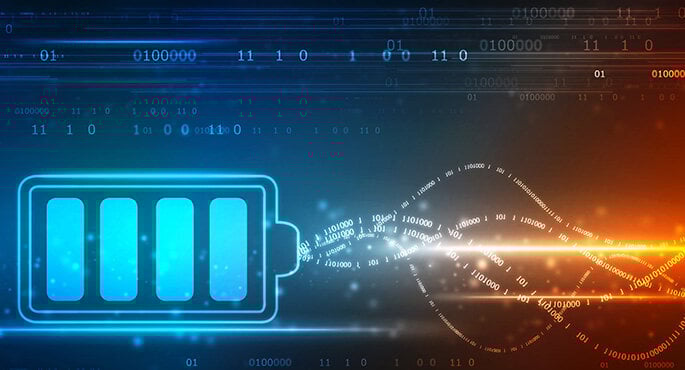 Batterie-Icon vor einem digitalen Hintergrund.