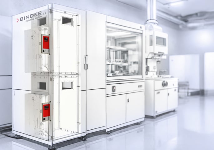 Two vertically arranged BINDER incubators as an integrated solution in an automated system for microbiological quality control.